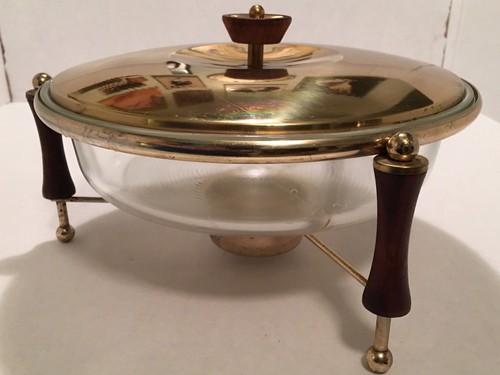 Vintage Pyrex Covered Warming Stand Brass Wood Clear 3 Qt Casserole Dish 595 Vintage Pyrex Covered Warming Stand, Casserole Warming Dish