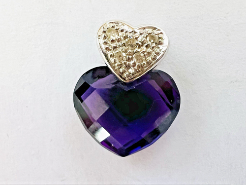 18k White Gold Natural Amethyst Heart and Diamond Pendant - Picture 2 of 7