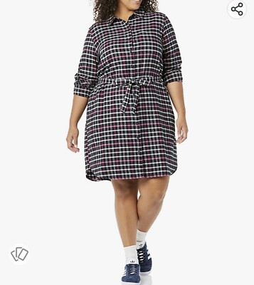 Goodthreads Women's Brushed Flannel Relaxed-Fit Belted Shirt Dress, Large