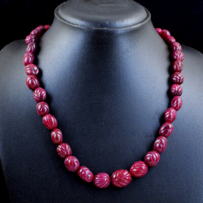 338.00 Cts Earth Mined Ruby Oval Carved Beads Single Strand Necklace NK 54E89