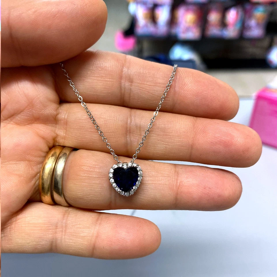 Collana Cuore Blu Notte Catenina pl. oro Bianco 18k con Cristalli Zirconi S/10 - Immagine 3 di 4