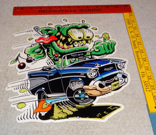 VINTAGE RATFINK DRIVES 1950S CHEVROLET & CHERRY METAL GASOLINE OIL RAT FINK SIGN