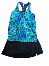 Tankini 2pc Blue and Green Tropical Leaf Print