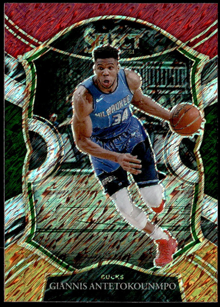 2020-21 Panini Select #54 Giannis Antetokounmpo Red White Orange Shimmer E1