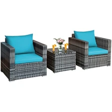 Patiojoy 3 PC Patio Rattan Furniture Bistro Set Cushioned Sofa Chair Turquoise