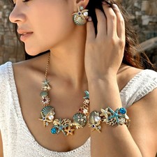 Share Starfish Seashell Necklace Pearls Beach Nautical Statement Bib Jewelry C