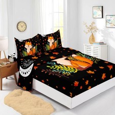 Cute Fox Pattern Twin Fitted Sheet Deep Pockets Cartoon Fox Kid Bed Sheet Set...