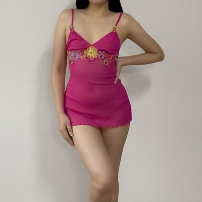 Vintage Victoria s Secret 2000s Hot Pink Floral Mesh Mini Slip Dress (XS S)