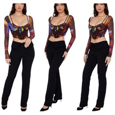 House of CB Ava Black Fold Front Trousers Size Medium Stretch Hook & Eye Flared