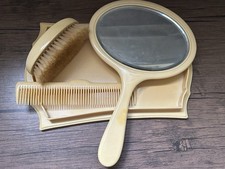 VTG 1920s Art Deco French Ivory Celluloid Dresser Tray Hand Mirror Brush Comb