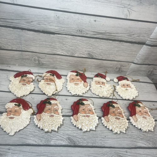 Vintage Set Of 10 Santa Claus Face Christmas Ornament Resin Head Holiday 4 1/4” - Picture 1 of 11