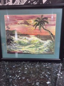Daniel Wang Hawaiian Sunset Palm Trees Waves Original Framed Painting
