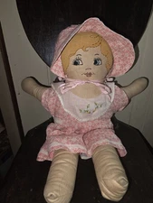 Vintage Hand Stitched Embroidered Cloth Rag Girl Doll Great Clothes & Detail