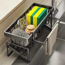 Black Aluminum Kitchen Sink Sponge Organizer Rack with Towel Holder Rust Free US