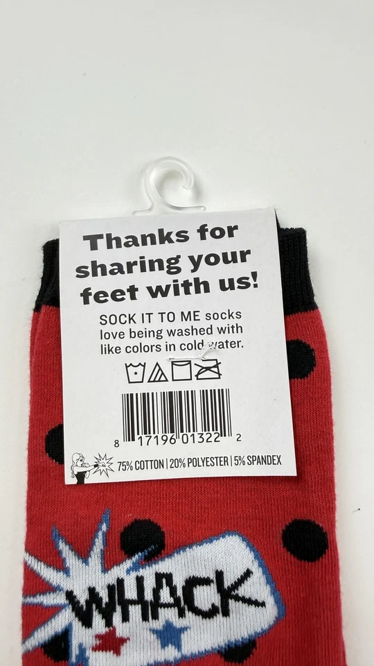 Calcetines Sock It To Me para mujer talla única rojos negros hasta la rodilla cómic WHACK POW dibujos animados Foto 3 de 4