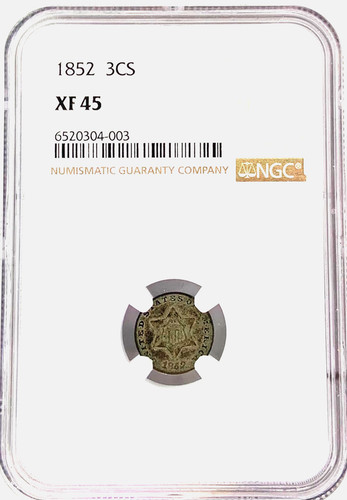 1852 Three Cent Silver 3CS NGC XF 45 - Very Legible Detail Sage Green Overtones!