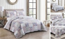 Roses Toile Quilt Set, 3-Piece Bedding Sets, Quilt Set Queen Blue Pink