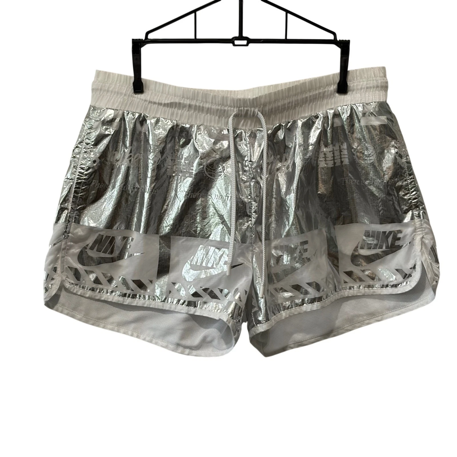 Nike Metallic Silver Running Shorts Womens Large Bright Reflective AA6647-100