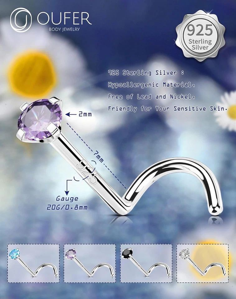 20G Oro Bianco Piercing Naso Argento 925 Anello Naso 7Mm Nose Ring CZ Viola/Blu/ - Immagine 3 di 4