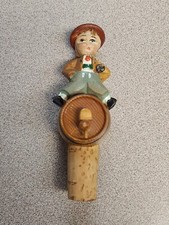Vintage ANRI Hand Carved Wood Wine Bottle Cork Stopper - Boy On Barrel