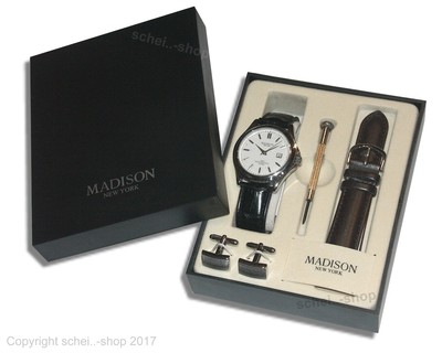 MADISON New York Herrenarmbanduhr - SEHR EDEL Wechselarmband - Manschettenknöpfe