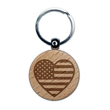 Heart Shaped American Flag United States of America USA Engraved Wood Keychain
