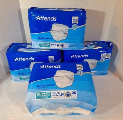 LOT OF 4 ATTENDS Youth Small Disposable Underwear- Size Small/Youth-20 Count Per