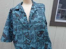 NOS Vtg Teal Gray Tropical Hawaiian Cotton L Abstract Surf Waves Shirt USA Made