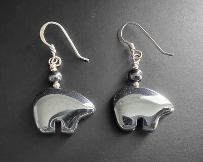 Vtg Sterling Silver Zuni Black Fetish Bear Hook Native American Earrings