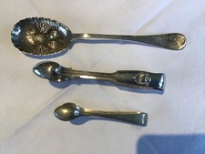 Vintage Silver Plated Fruit Serving Spoon, Two Decorative and Plain Sugar Tongs