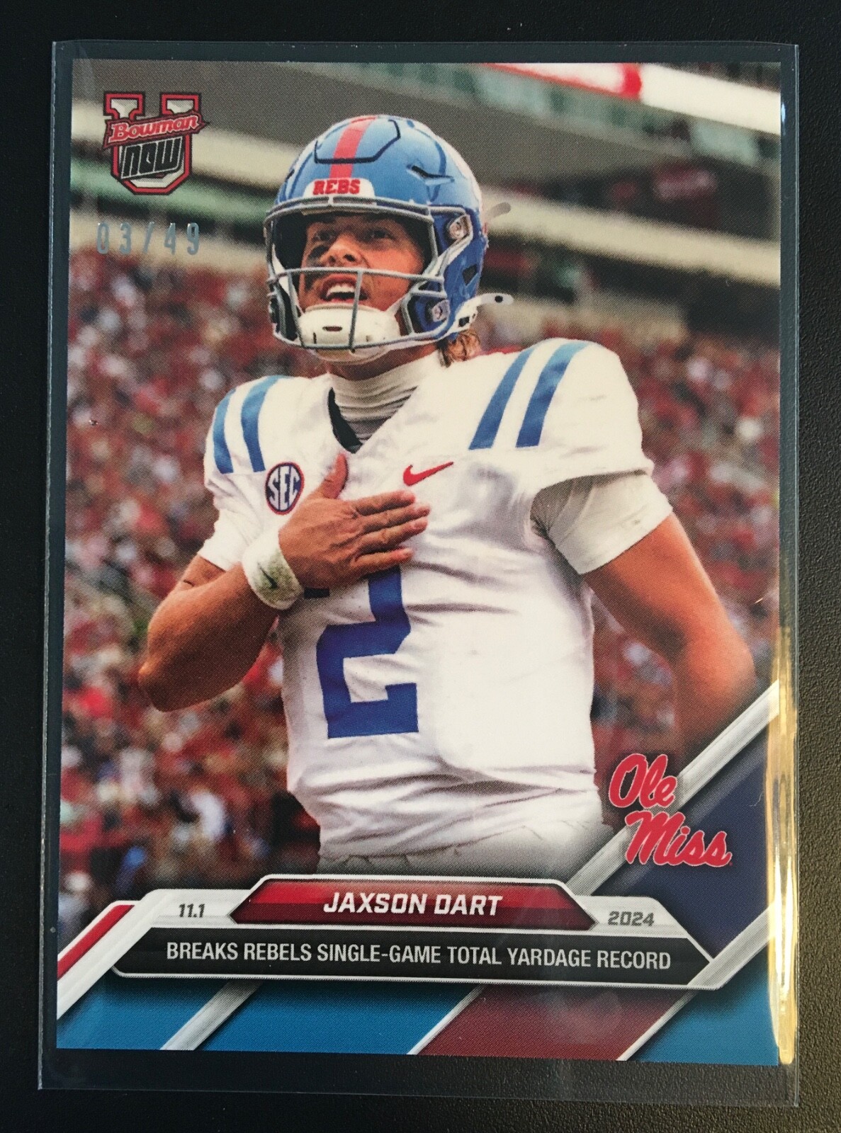 2024  BOWMAN U NOW FOOTBALL 37 JAXSON DART MISS BREAKS YARDAGE RECORD BLUE 03/49