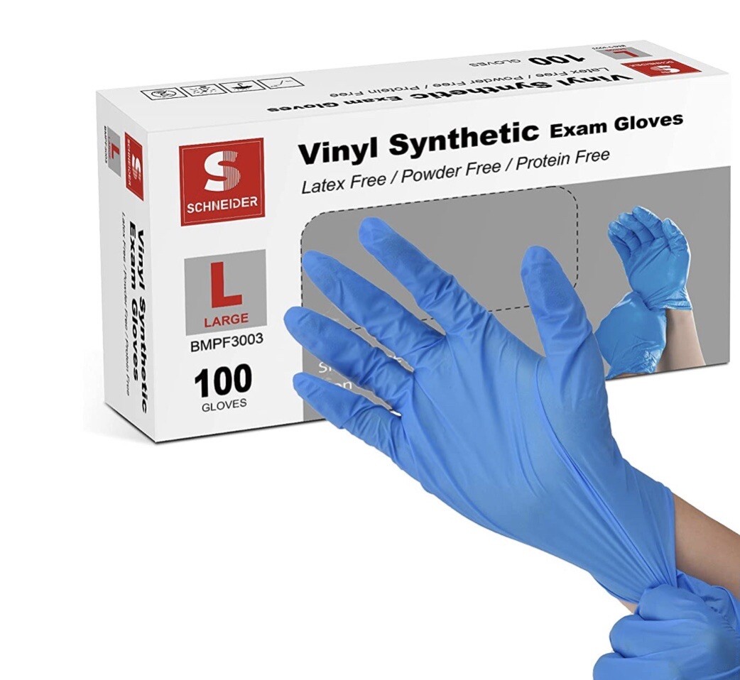 Schneider Vinyl Synthetic Exam Gloves, Blue, Latex-Free, Powder-Free,  Disposable