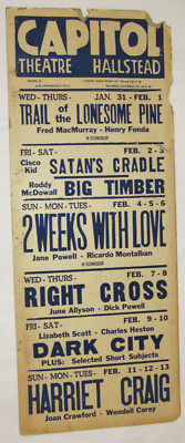 VTG 1951 CAPITOL THEATRE HALLSTEAD, PA MOVIE POSTER! 2 WEEKS WITH LOVE/DARK CITY