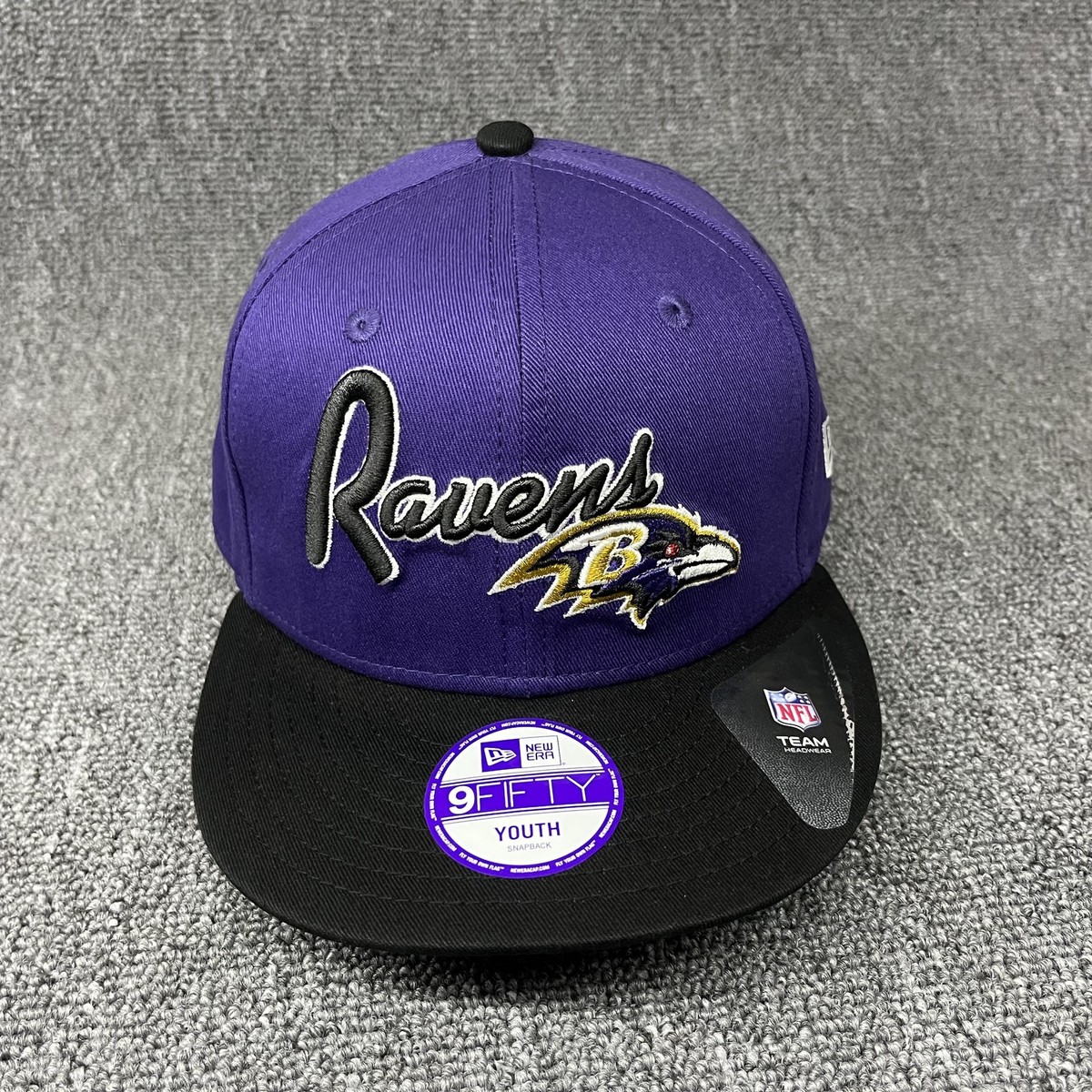 New Era 9FIFTY Baltimore Ravens Youth Snapback Hat Purple Black Team Script Cap