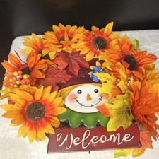 Fall Harvest Welcome Door Decor Scarecrow Sunflowers Thanksgiving Fabric