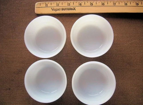 4 Vtg Glasbake Milk Glass Custard Cups Ramekins 3 ¼”   VGC