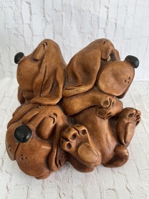 Vintage Hindt Creative Clay Sculpture Inc Dogs Sleeping 1979 Walnut California