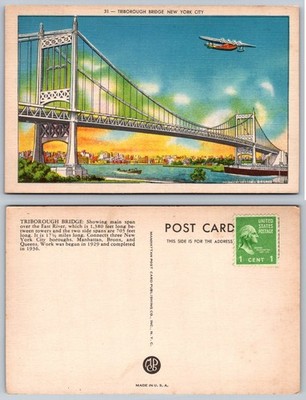 Triborough Bridge NYC Postcard 1930s Seaplane East River Manhattan Bronx Queens