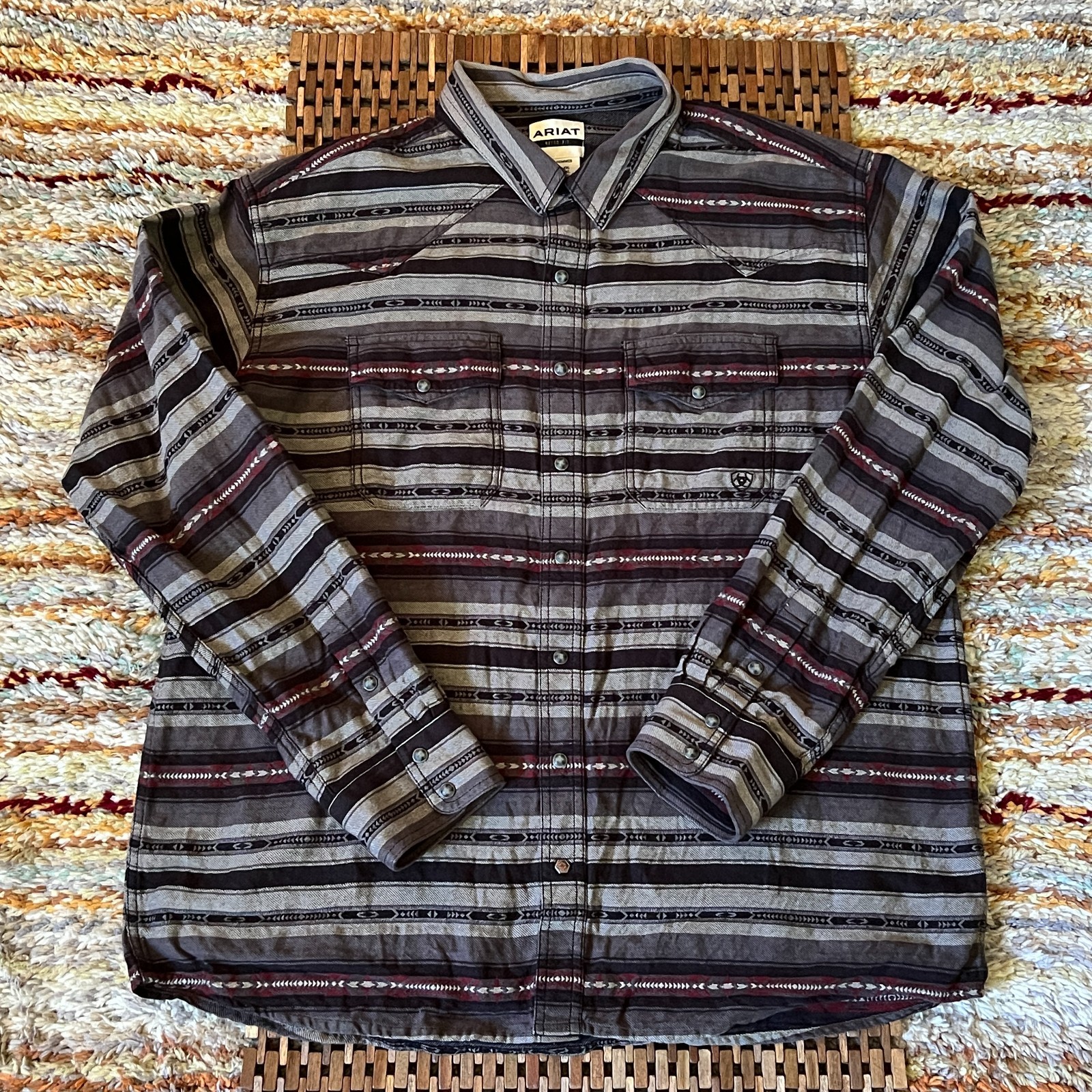 Ariat Aztec Print Snap Shirt Jacket Grey Black Red Button Down Men's Size XXL