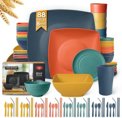 88-Piece Kitchen Plastic Wheat Straw Square Dinnerware Sets for 8,