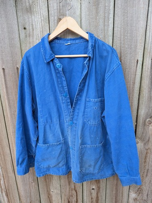 #ad Vintage French Chore Coat Jacket Workwear XL Trashed Bleu de Travail $69.69