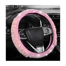 Diamond Fluffy Steering Wheel Cover, 15 Inch Fur Steering Wheel Protector Pink
