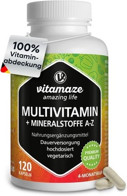 Multivitamin Kapseln hochdosiert, 23 wertvolle Vitamine A-Z Mineralien 120 veget