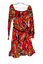 Guess Fit & Flare Mini Dress Womens Red Floral Botanical Hawaiian, Large