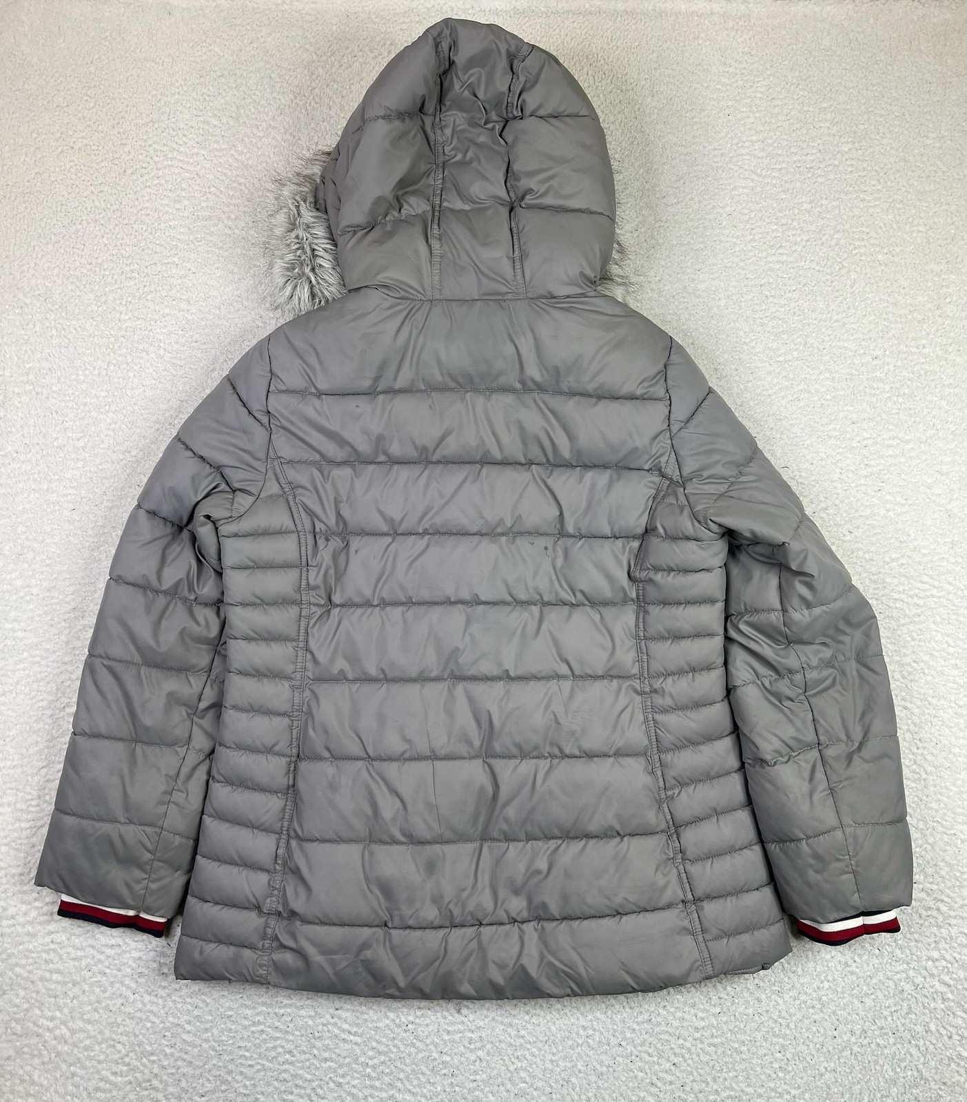 Tommy Hilfiger Puffer Coat Womens Medium Gray Faux Fur Hood Primaloft Insulated thumbnail 2
