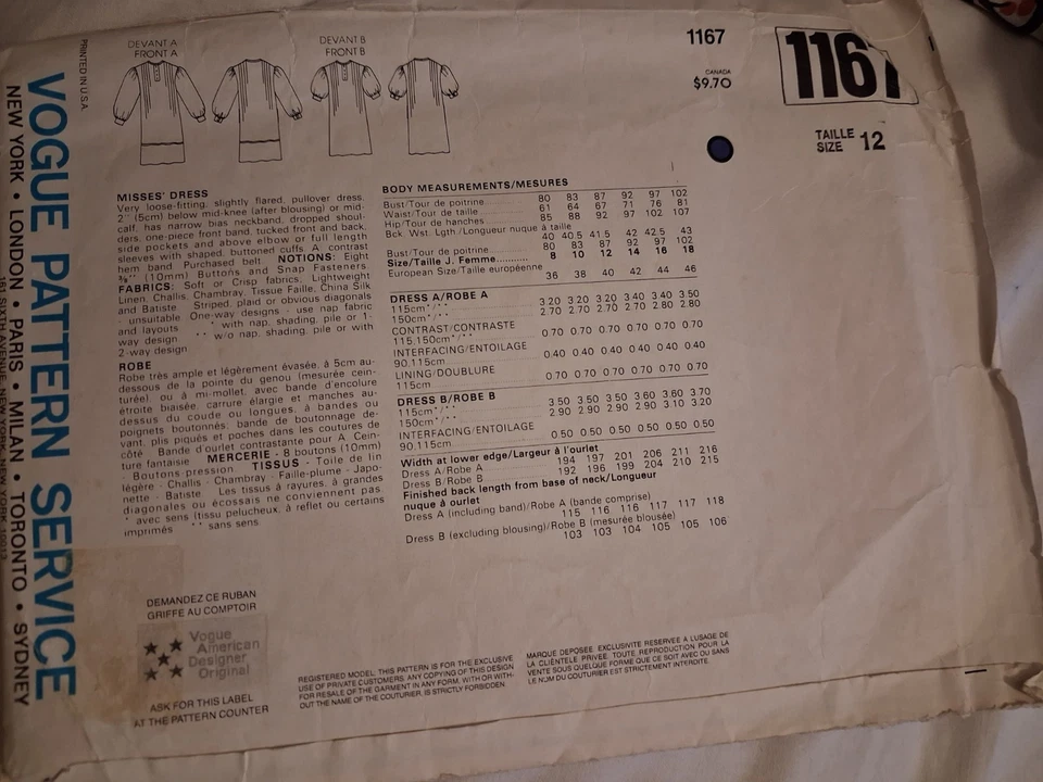 UNCUT Perry Ellis Vogue Pattern 1267 Vintage  1980s Prairie style dress Designer - Image 2 of 3