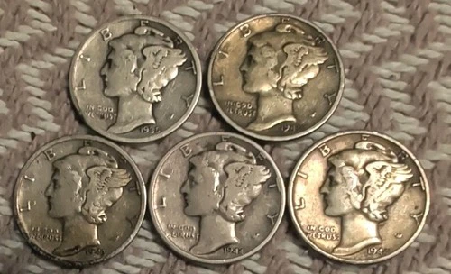 5 Silver Mercury Dimes 1935,41,43d,44,44 Vg+