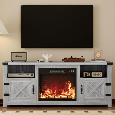 Farmhouse Fireplace TV Stand with Barn Doors for TVs up to 65'', Gray Wash