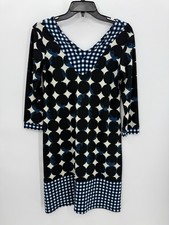 Leota Dress Womens Small Blue Black Geo Print Knit Sheath Artsy Career Stretch