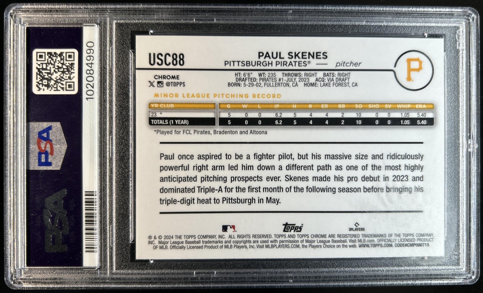 2024 Topps Chrome Update Paul Skenes Magenta Refractor RC #/399 Pirates PSA 9 view 2